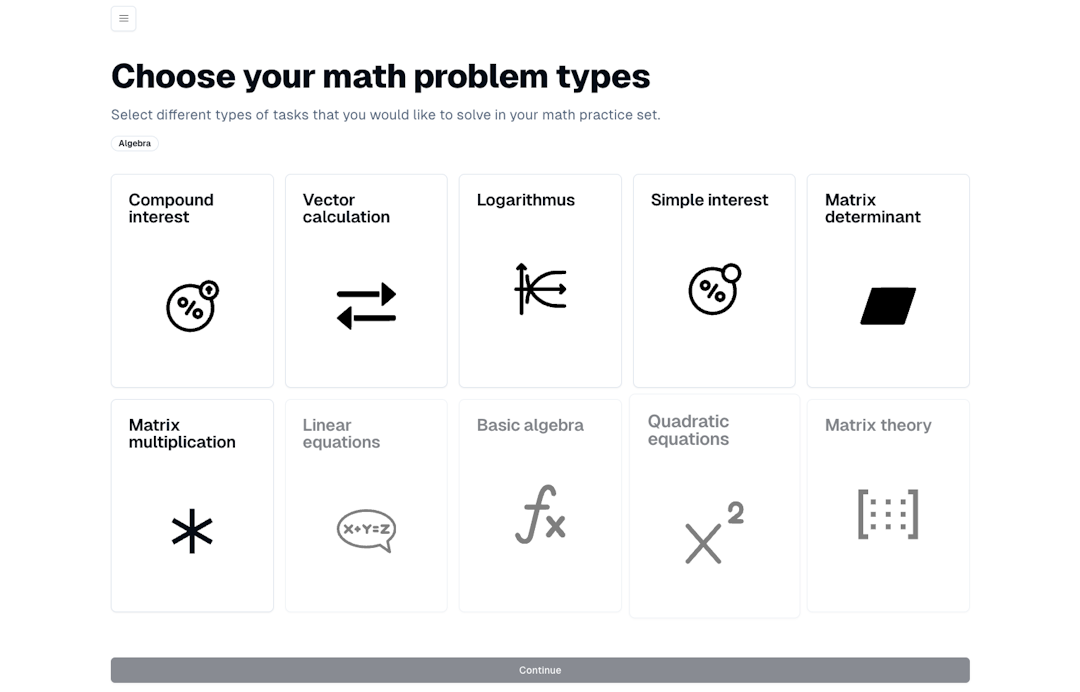 Customkzed Math Challenges from over 28 exercise types in three categories.